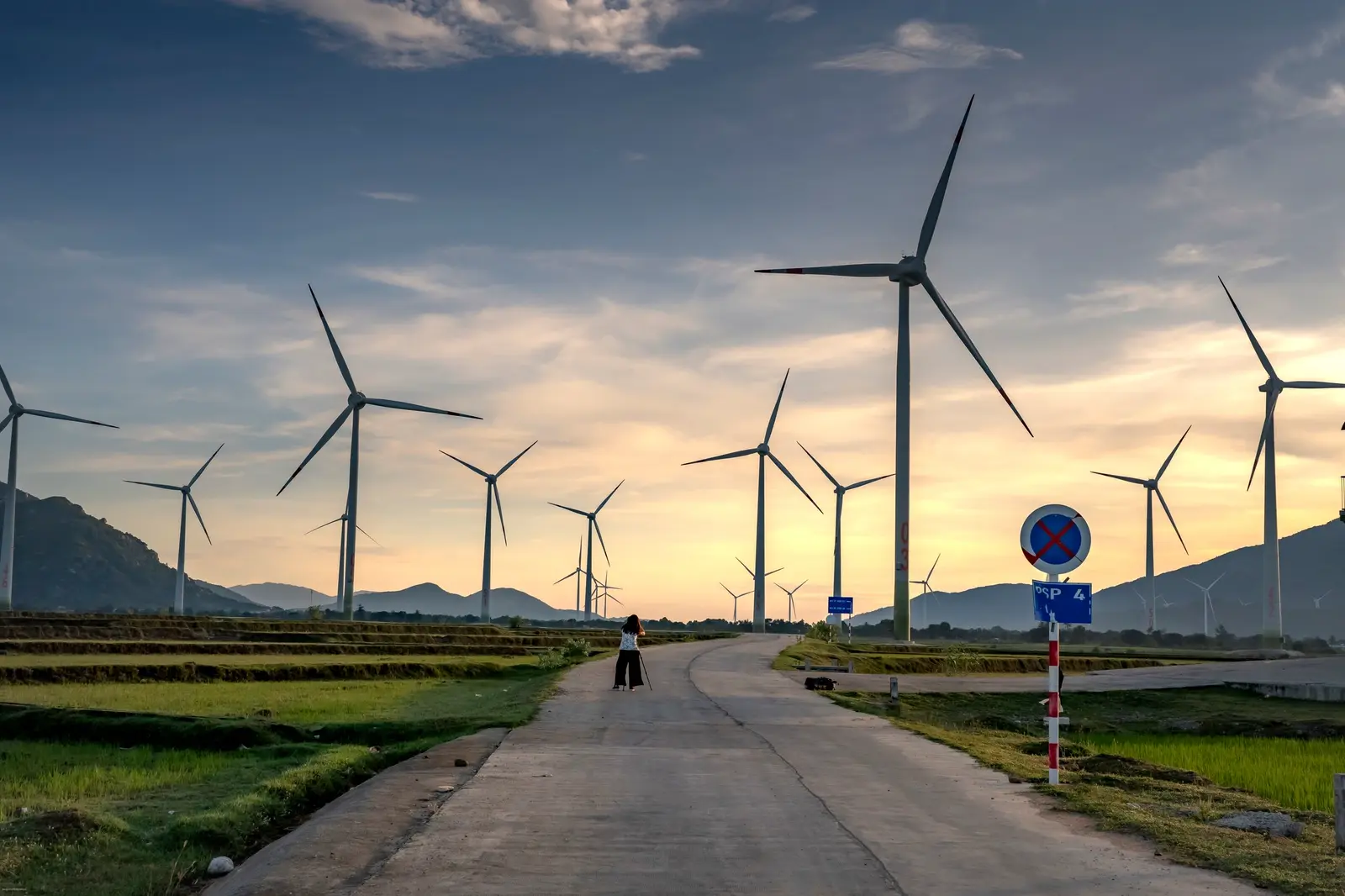 Wind turbines across farmland at sunset.